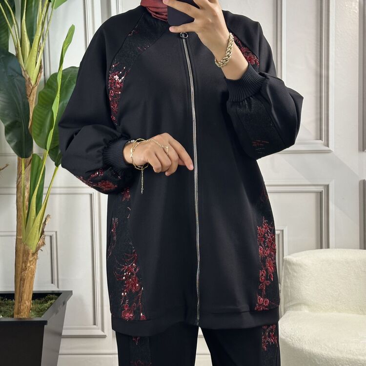 ghisa siyah-bordo payetli takım