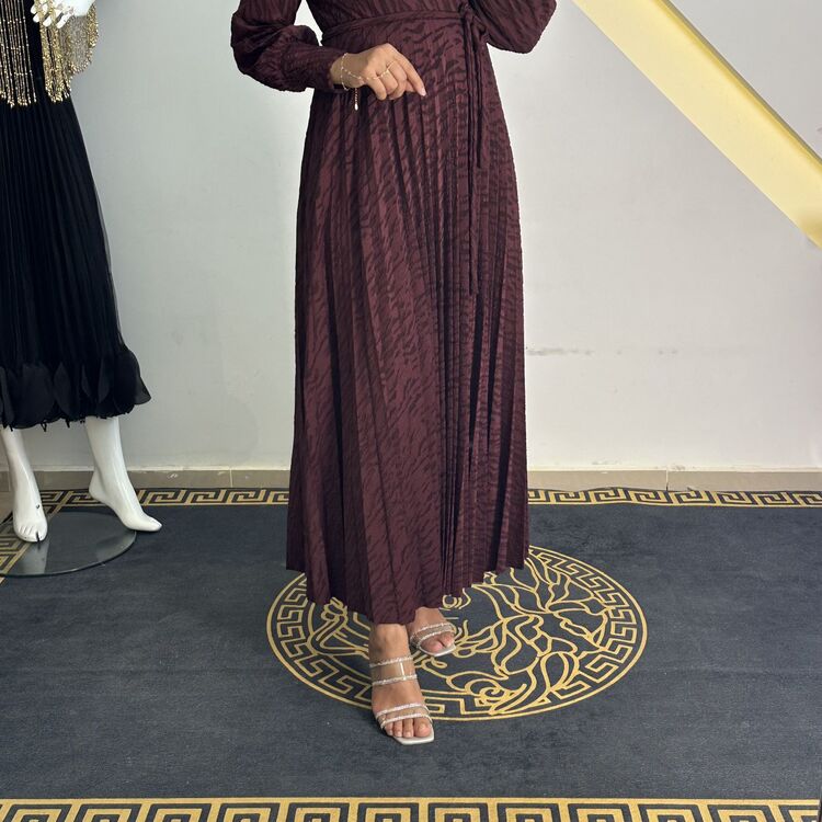 my312 bordo jakarlı plise elbise