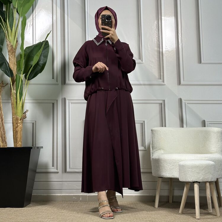 my312 bordo yakası taşlı etekli takım 