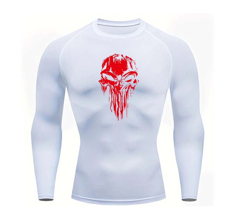 Punisher Beyaz Uzun Kollu Compression T-Shirt(Kırmızı logo)