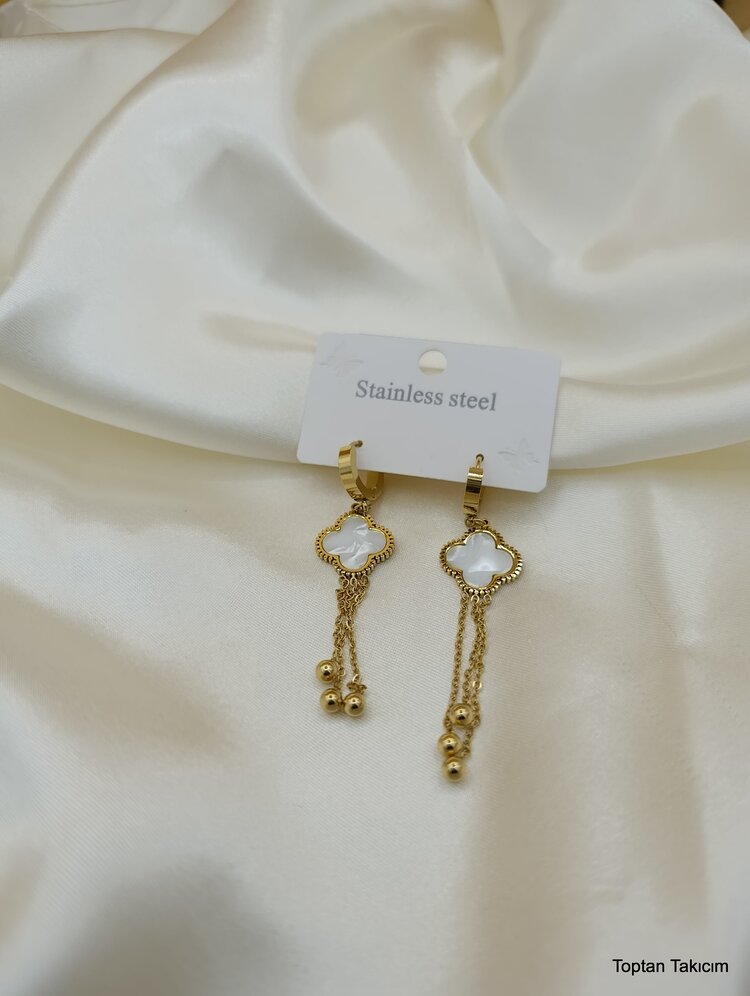 Sedefli Van Cleef Salıntı Boncuk Çelik Halka Küpe