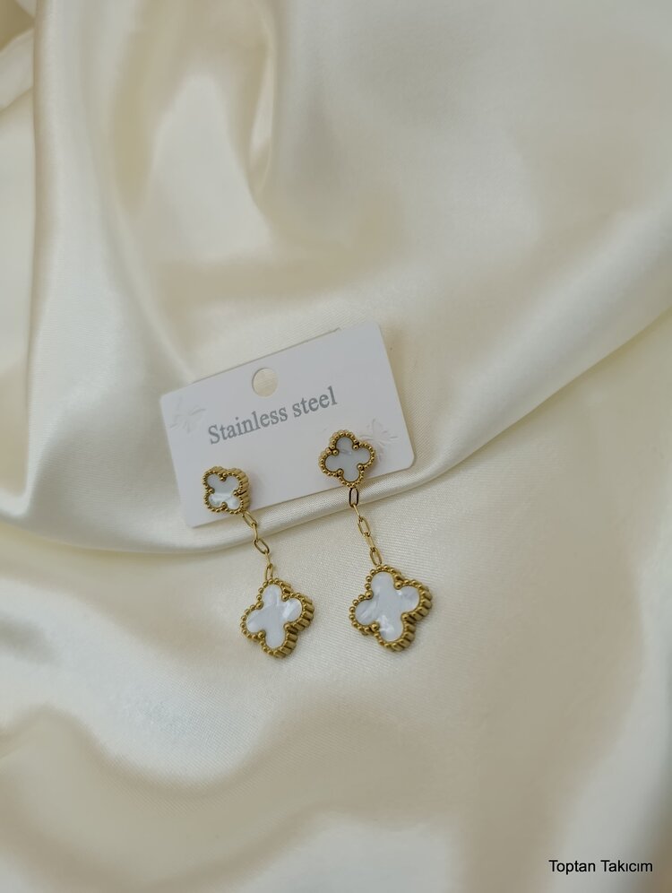 Sedefli Çift Van Cleef Salıntı Çelik Küpe