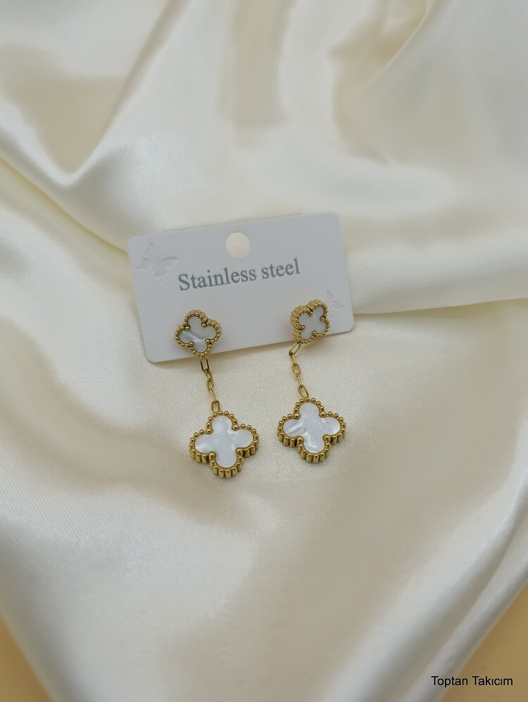 Sedefli Çift Van Cleef Salıntı Çelik Küpe