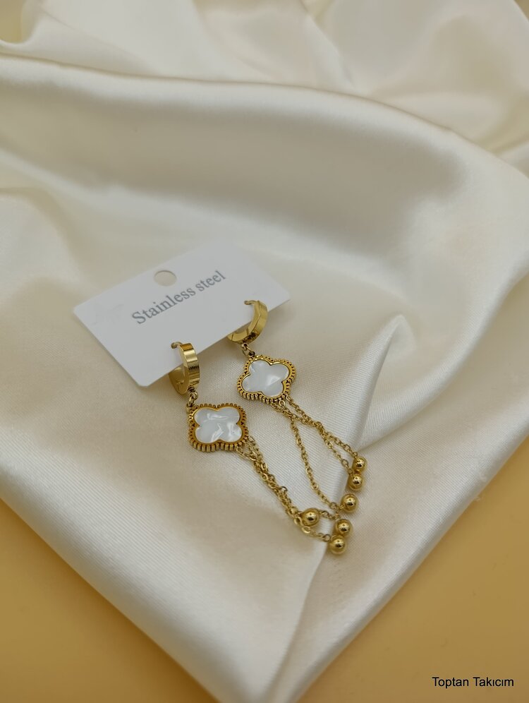 Sedefli Van Cleef Salıntı Boncuk Çelik Halka Küpe