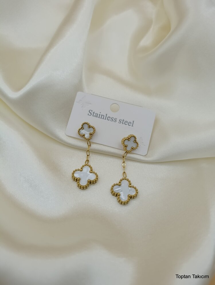 Sedefli Çift Van Cleef Salıntı Çelik Küpe