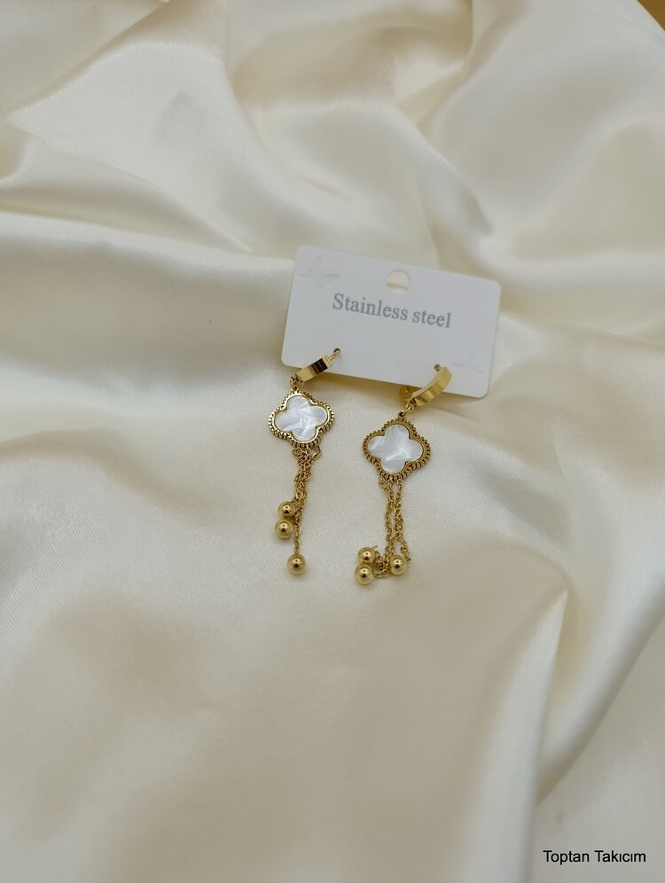 Sedefli Van Cleef Salıntı Boncuk Çelik Halka Küpe