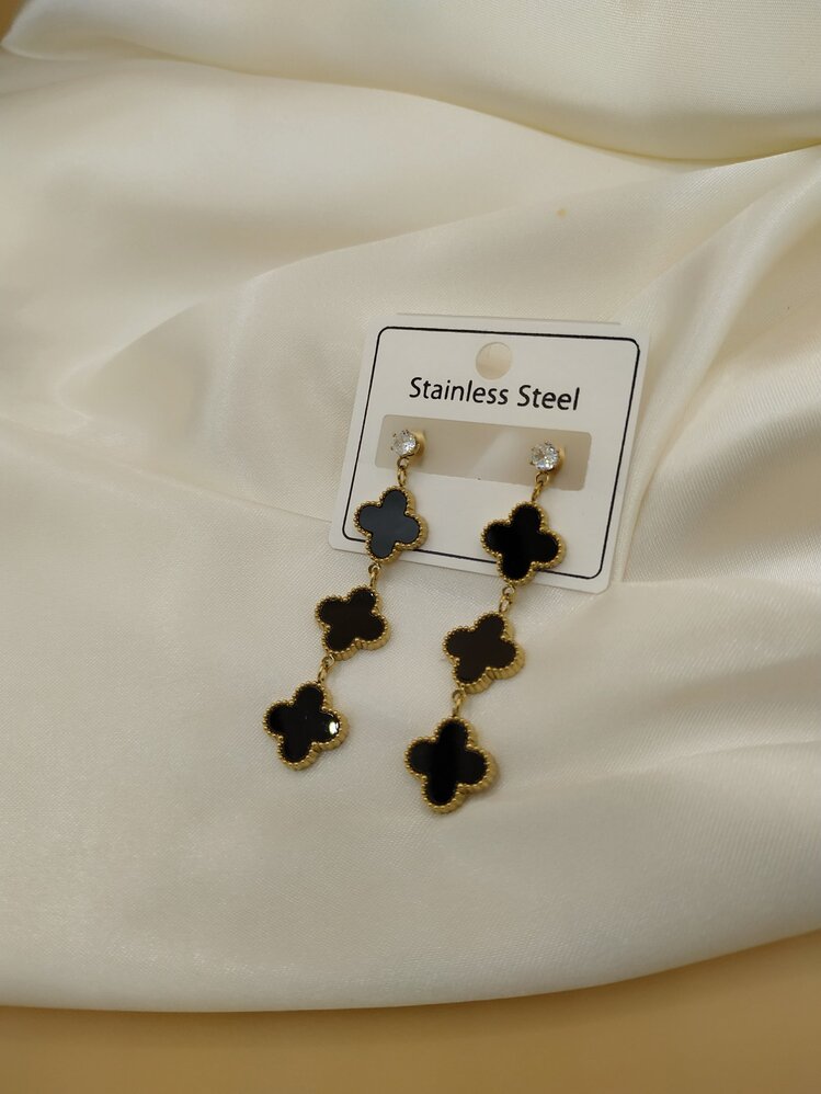 Üçlü Siyah Van Cleef Çelik Salıntı Küpe
