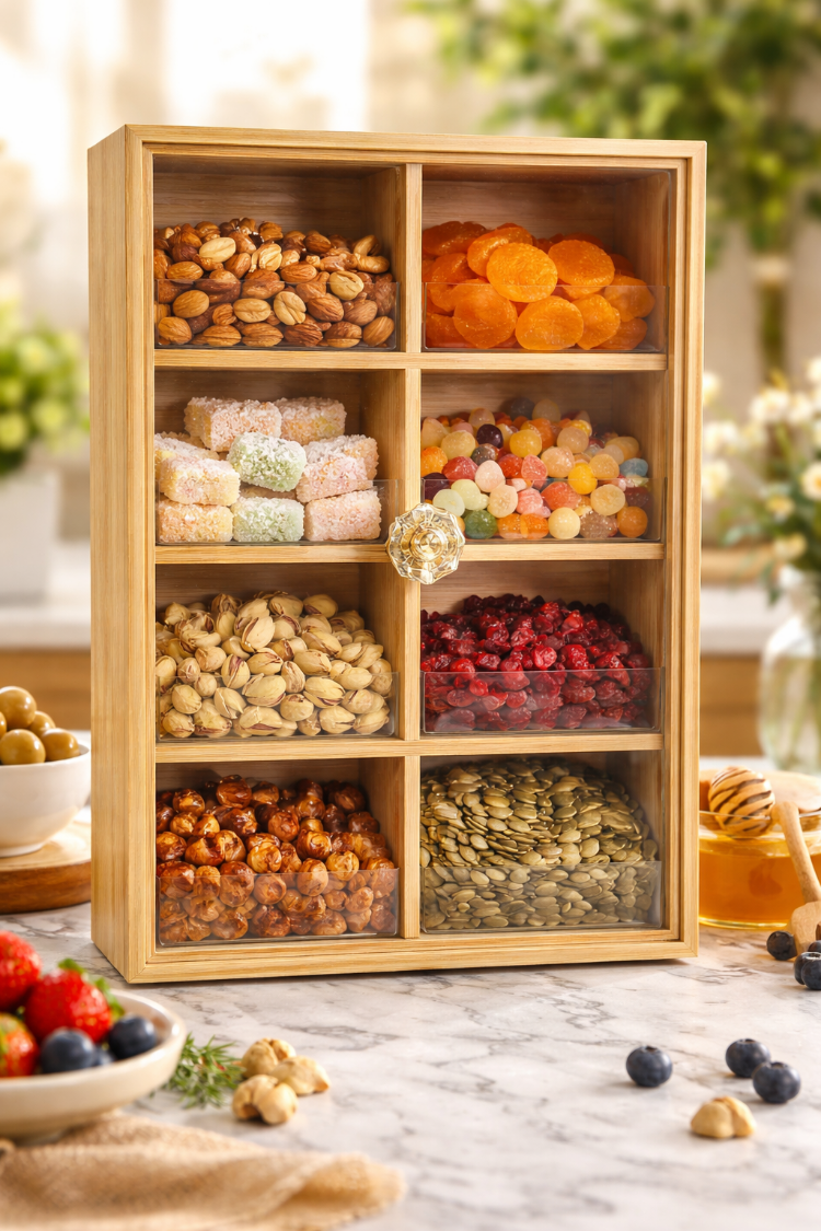 Bambu Kapaklı Çerezlik & Kahvaltılık Organizer – 6 Bölmeli Kapaklı Saklama Kutusu