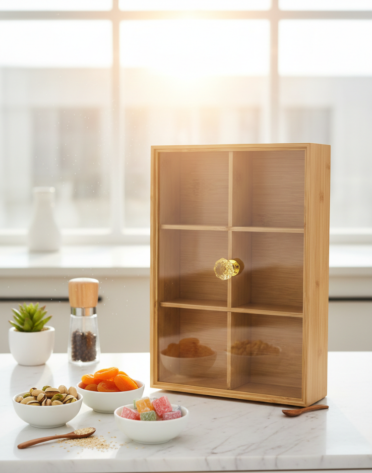 Bambu Kapaklı Çerezlik & Kahvaltılık Organizer – 6 Bölmeli Kapaklı Saklama Kutusu