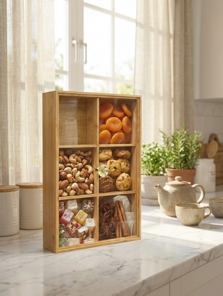 Bambu Kapaklı Çerezlik & Kahvaltılık Organizer – 6 Bölmeli Kapaklı Saklama Kutusu