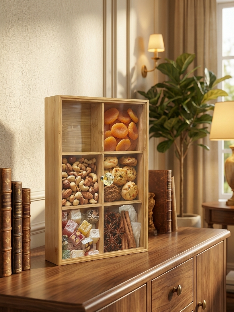 Bambu Kapaklı Çerezlik & Kahvaltılık Organizer – 6 Bölmeli Kapaklı Saklama Kutusu