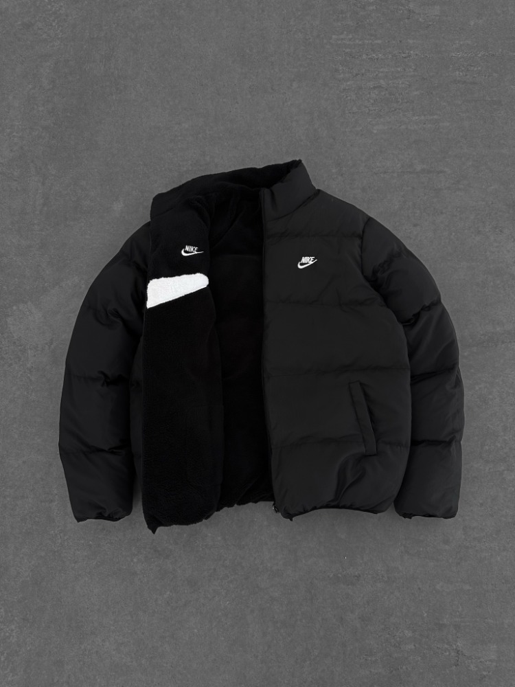 Nakışlı Çift Taraflı Oversize Kürklü Mont (Siyah / Beyaz)
