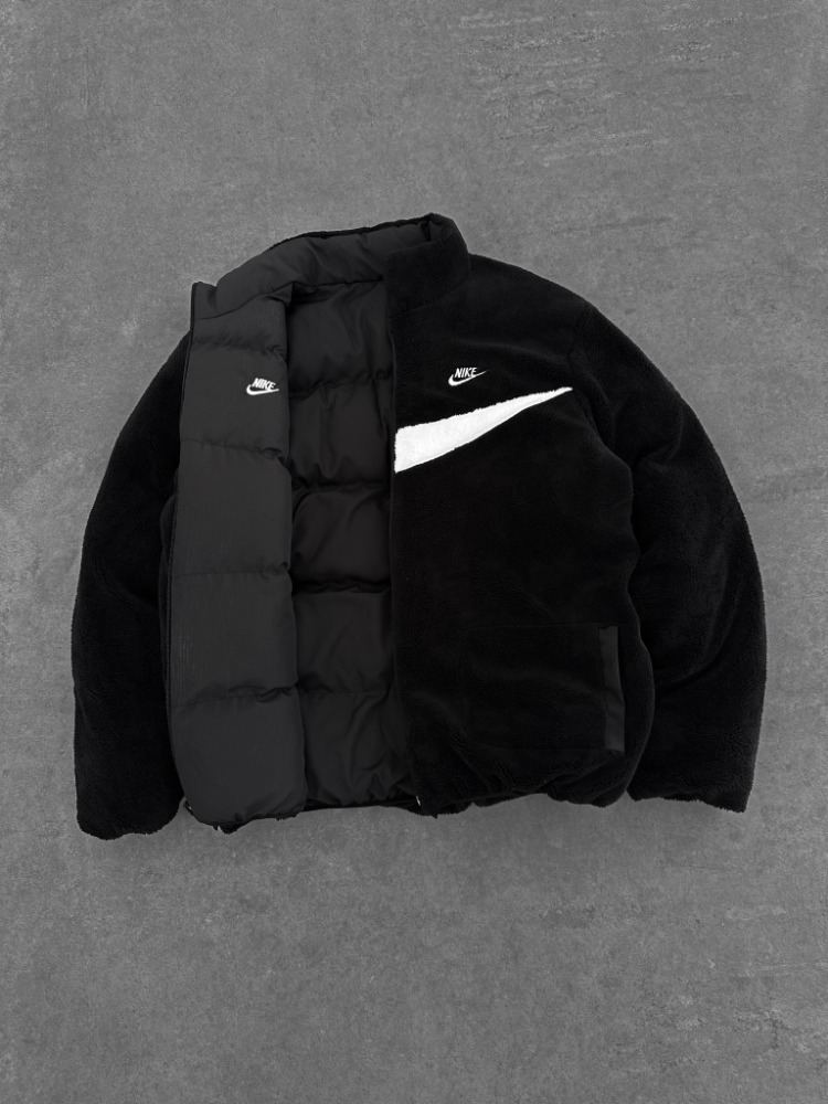 Nakışlı Çift Taraflı Oversize Kürklü Mont (Siyah / Beyaz)