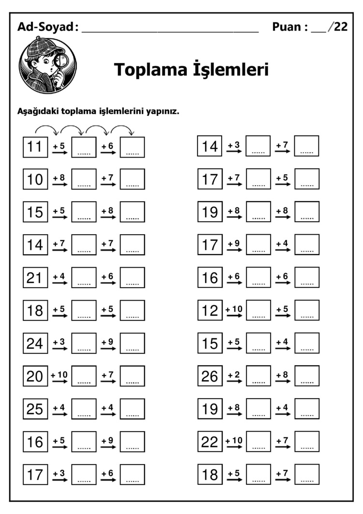 10 adet 1. ve 2.Sınıf Zihinden Toplama İşlemleri - Hemen İndirilebilir