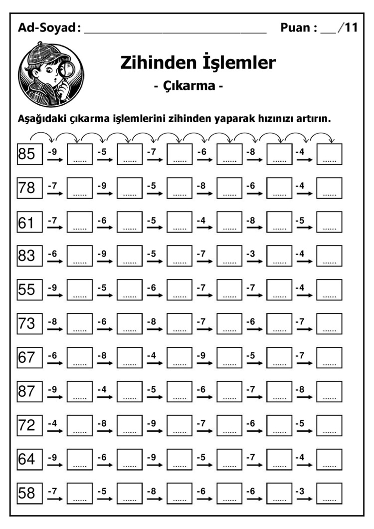 10 adet 2. ve 3. Sınıf Zihinden Çıkarma İşlemleri - Hemen İndirilebilir