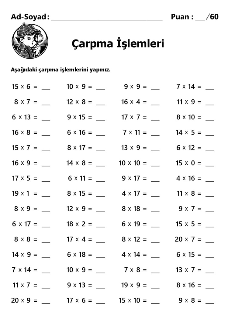 10 adet 2. ve 3.Sınıf Çarpma İşlemleri-Hemen İndirilebilir