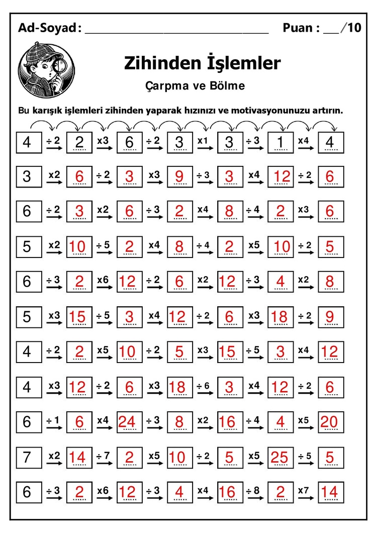 10 adet 3. ve 4.Sınıf Zihinden Karışık Çarpma ve Bölme İşlemleri-Hemen İndirilebilir