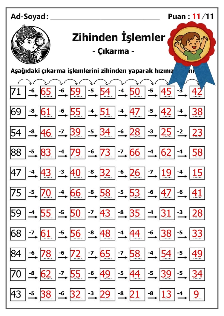 10 adet 2. ve 3. Sınıf Zihinden Çıkarma İşlemleri - Hemen İndirilebilir