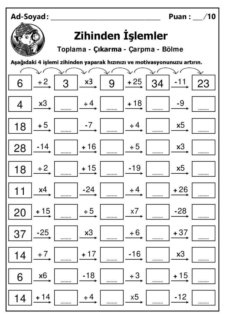 10 adet 3. ve 4. Sınıf Zihinden 4 İşlem Alıştırmaları - Hemen İndirilebilir