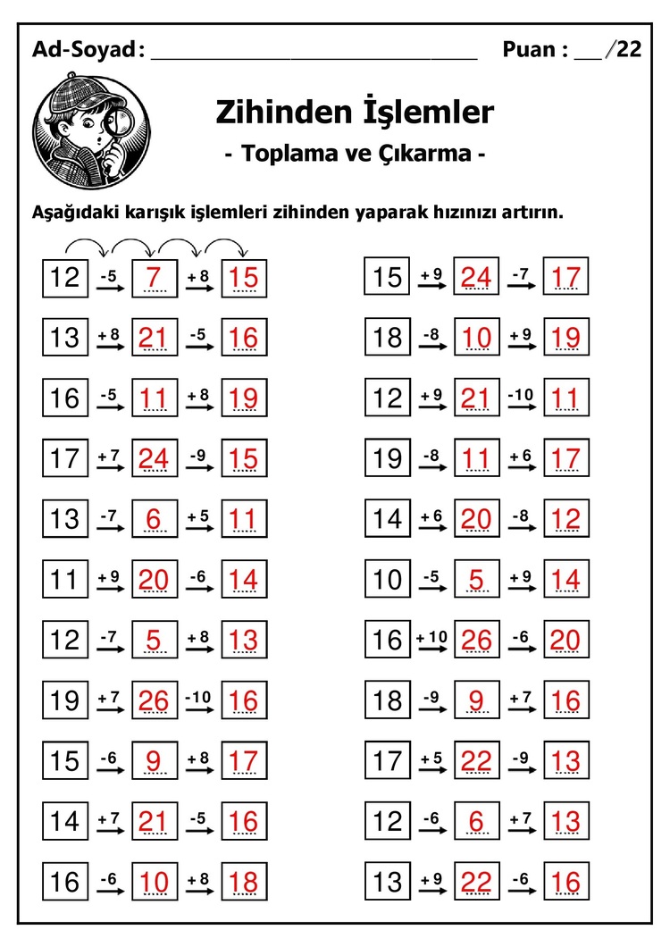 10 adet 1. ve 2. Sınıf Zihinden Toplama ve Çıkarma İşlemleri - Hemen İndirilebilir