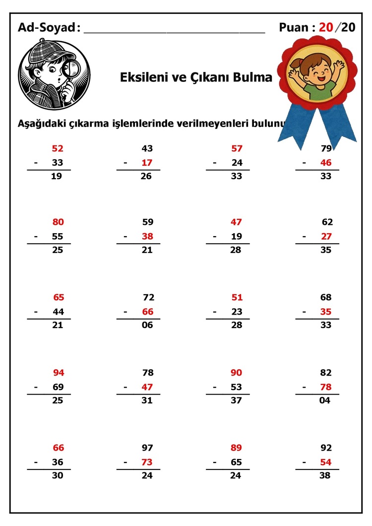 10 adet 2. Sınıf Eksileni ve Çıkanı Bulma İşlemleri - Hemen İndirilebilir