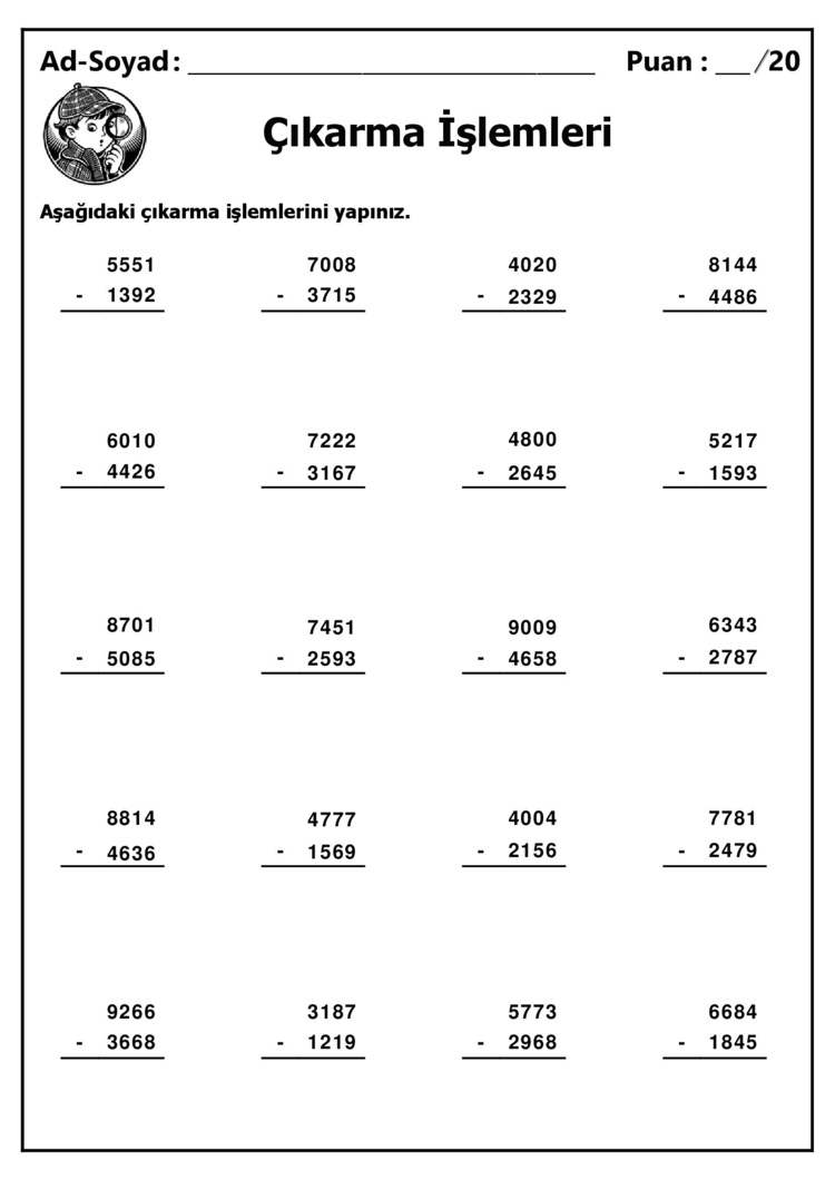 10 adet 4 Basamaklı Sayılarla Çıkarma İşlemleri - Cevap Anahtarlı-Hemen İndirilebilir