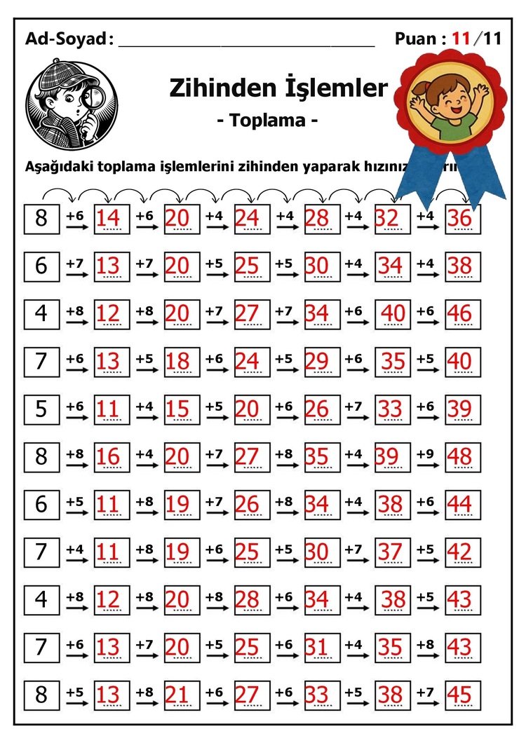 10 adet 1. ve 2. Sınıf Zihinden Toplama İşlemleri - Hemen İndirilebilir