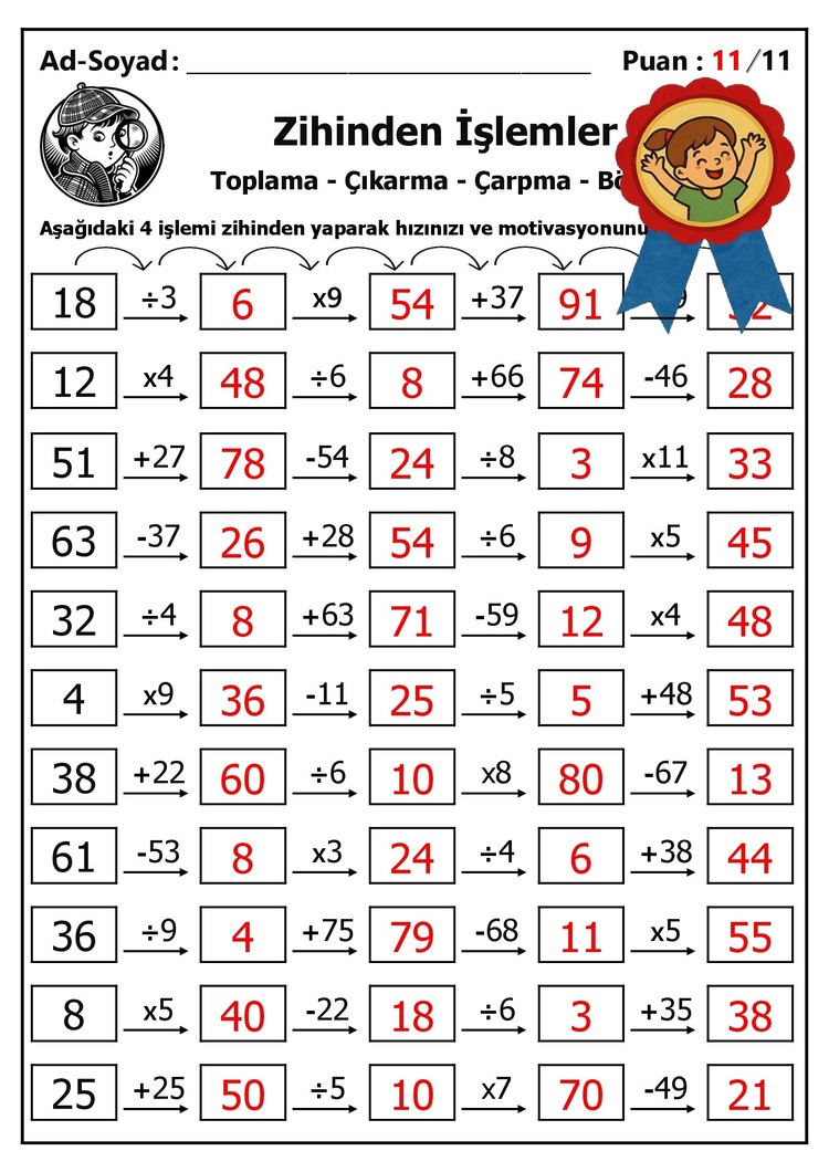 10 adet 3. ve 4. Sınıf Zihinden 4 İşlem Alıştırmaları - Hemen İndirilebilir