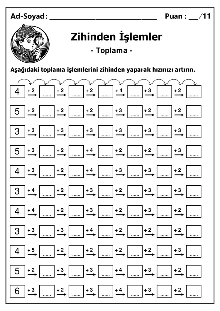 10 adet 1. ve 2. Sınıf Zihinden Toplama İşlemleri - Hemen İndirilebilir