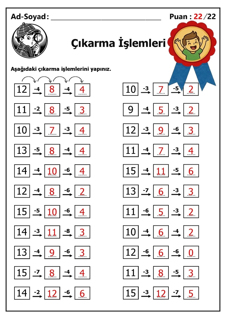 10 Adet 1. ve 2.Sınıf Sayılarla Zihinden Çıkarma İşlemleri - Hemen İndirilebilir