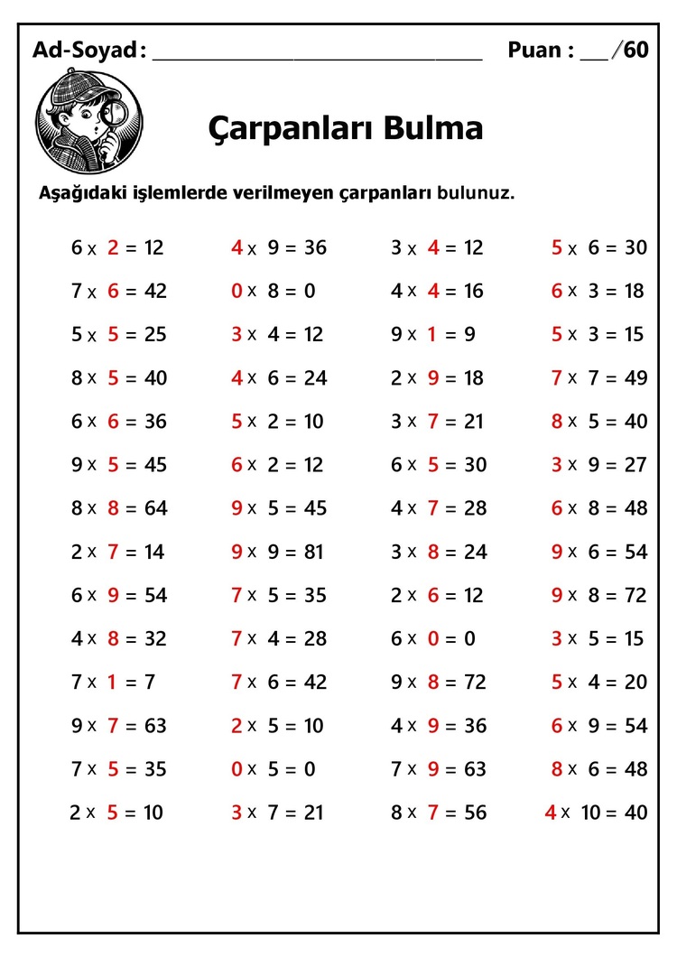 10 adet 2. ve 3.Sınıf Çarpanları Bulma İşlemleri-Hemen İndirilebilir