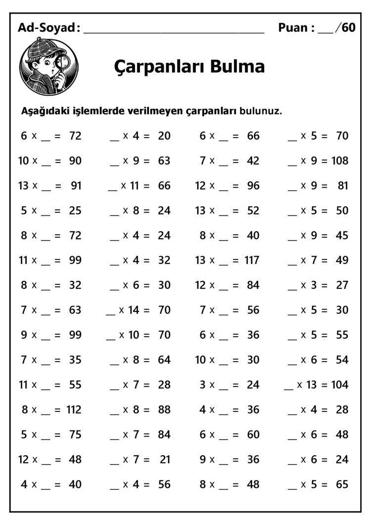 10 adet 2. ve 3.Sınıf Çarpanları Bulma İşlemleri-Hemen İndirilebilir
