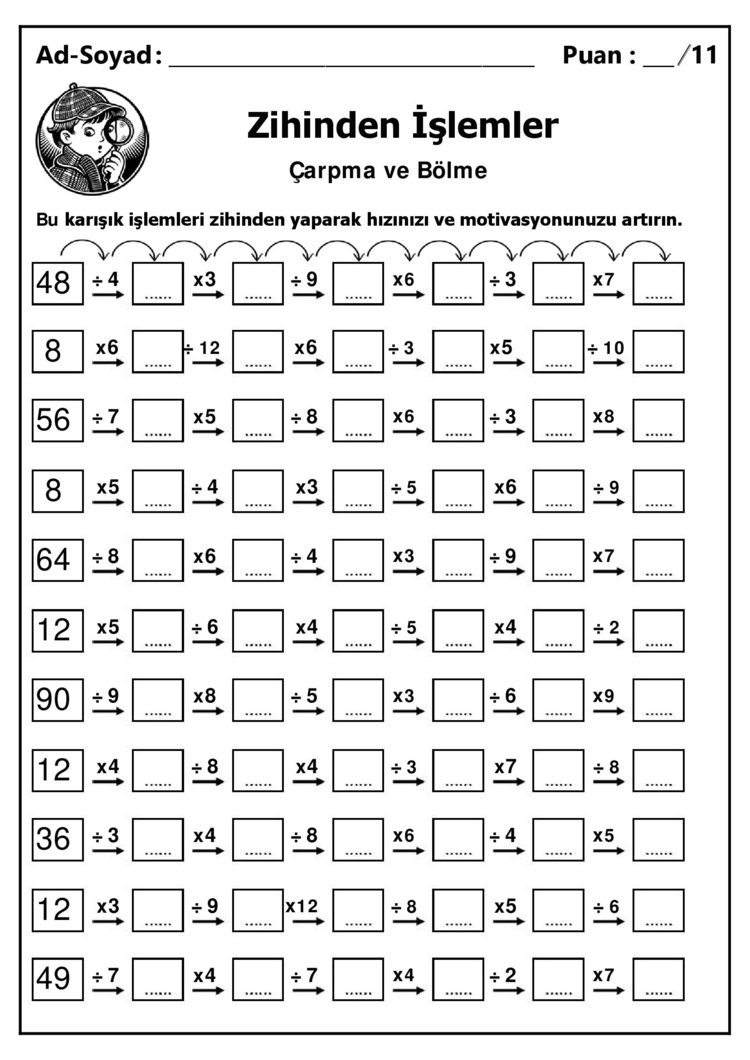 10 adet 3. ve 4.Sınıf Zihinden Karışık Çarpma ve Bölme İşlemleri-Hemen İndirilebilir