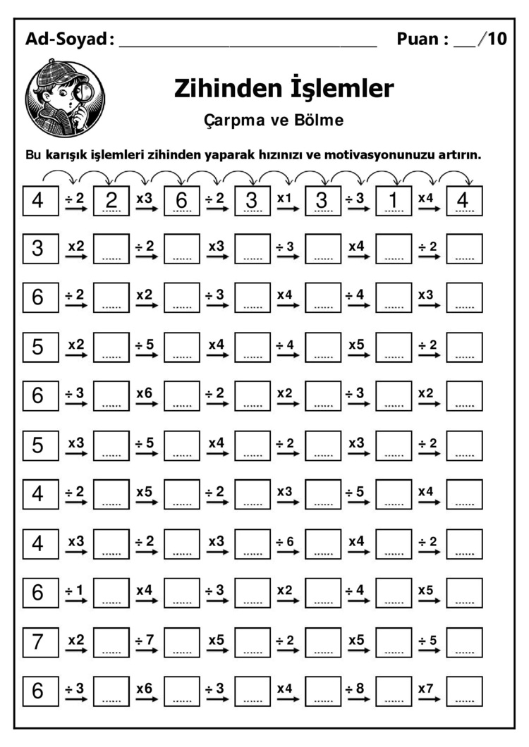10 adet 3. ve 4.Sınıf Zihinden Karışık Çarpma ve Bölme İşlemleri-Hemen İndirilebilir