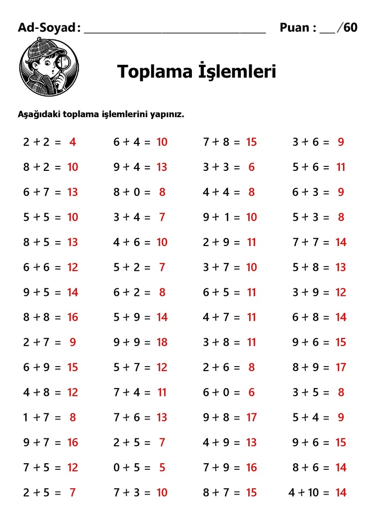 10 Adet 1.Sınıf 1 ve 2 Basamaklı Sayılarla Toplama İşlemleri-Hemen İndirilebilir