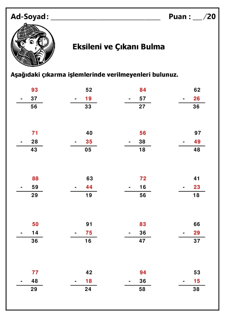 10 adet 2. Sınıf Eksileni ve Çıkanı Bulma İşlemleri - Hemen İndirilebilir