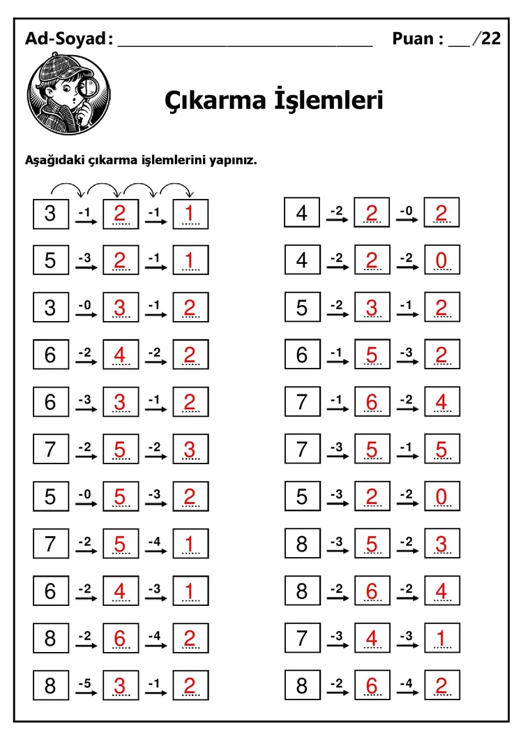 10 Adet 1. ve 2.Sınıf Sayılarla Zihinden Çıkarma İşlemleri - Hemen İndirilebilir