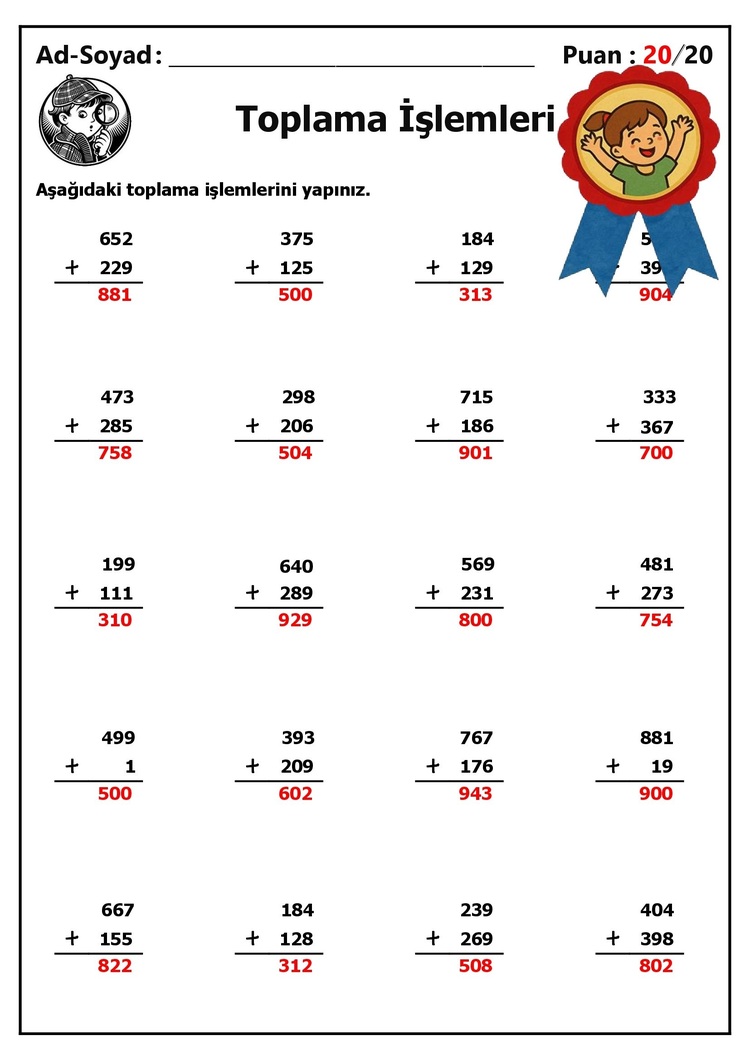10 adet 3 Basamaklı Sayılarla Toplama İşlemleri - Cevap Anahtarlı-Hemen İndirilebilir