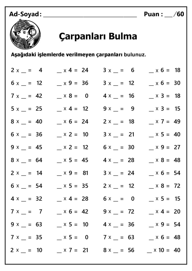 10 adet 2. ve 3.Sınıf Çarpanları Bulma İşlemleri-Hemen İndirilebilir