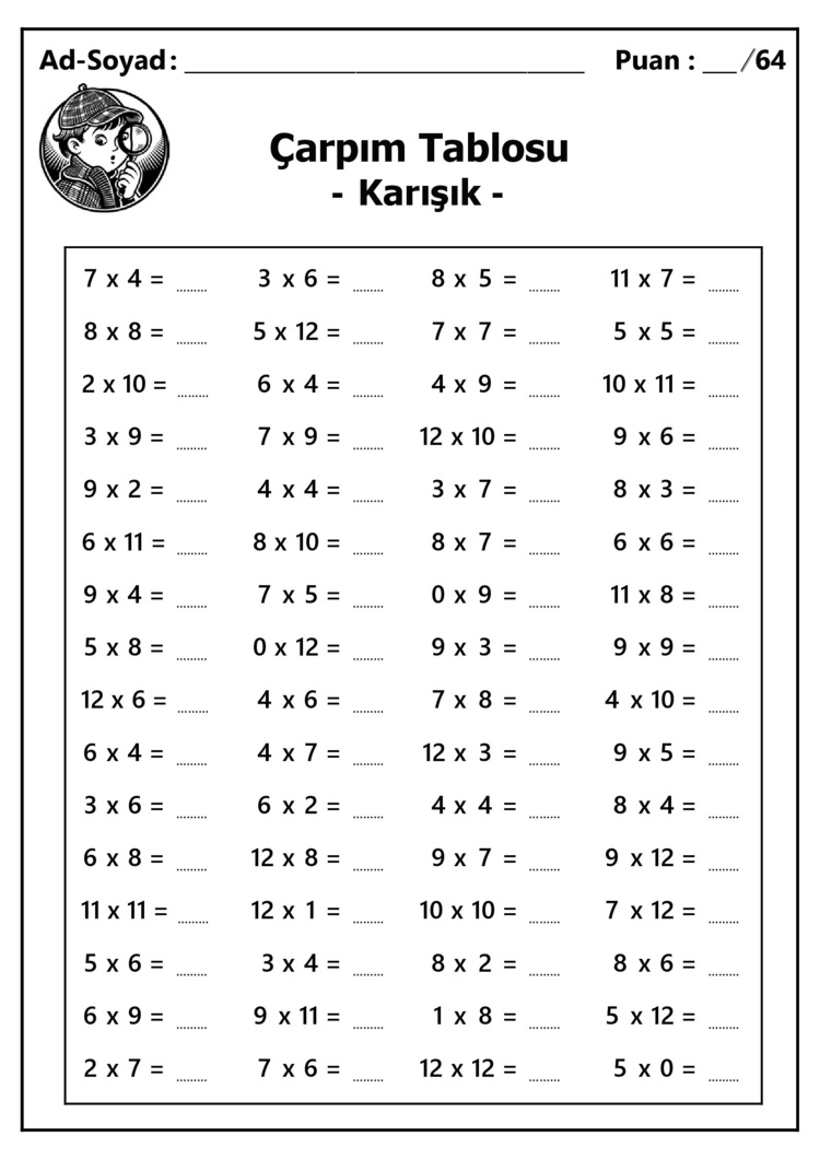 13 Adet Çarpım Tablosu Alıştırmaları - Hemen İndirilebilir