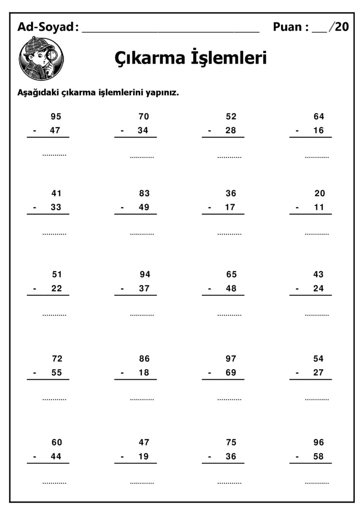 10 Adet 1. ve 2. Sınıf 2 Basamaklı Sayılarla Çıkarma İşlemleri-Hemen İndirilebilir