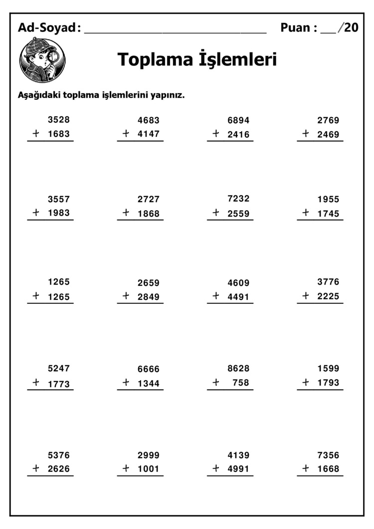 10 adet 4 Basamaklı Sayılarla Toplama İşlemleri - Cevap Anahtarlı-Hemen İndirilebilir