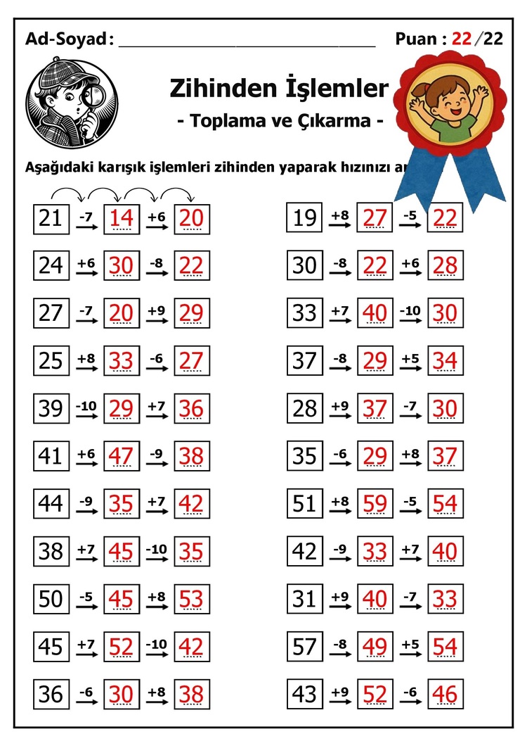 10 adet 1. ve 2. Sınıf Zihinden Toplama ve Çıkarma İşlemleri - Hemen İndirilebilir
