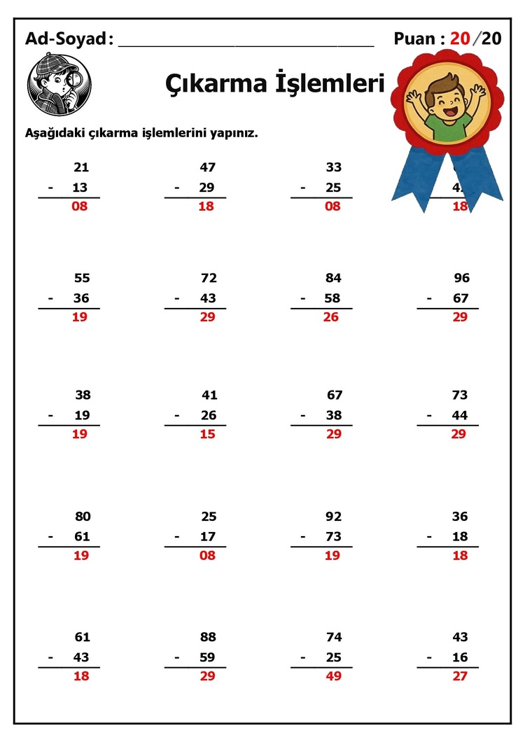 10 Adet 1. ve 2. Sınıf 2 Basamaklı Sayılarla Çıkarma İşlemleri-Hemen İndirilebilir