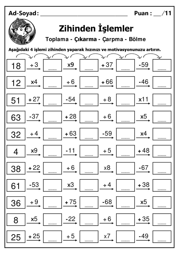 10 adet 3. ve 4. Sınıf Zihinden 4 İşlem Alıştırmaları - Hemen İndirilebilir