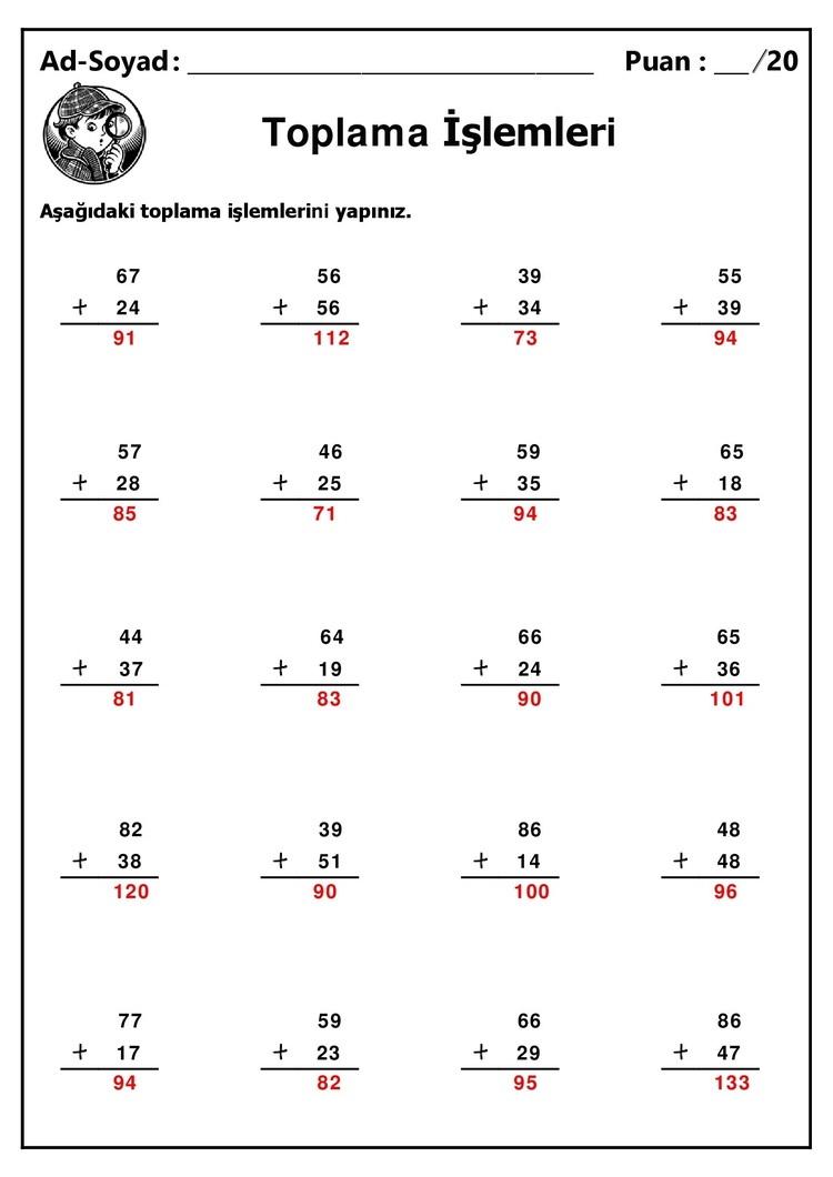 10 Adet 1. ve 2. Sınıf 2 Basamaklı Sayılarla Toplama İşlemleri-Hemen İndirilebilir