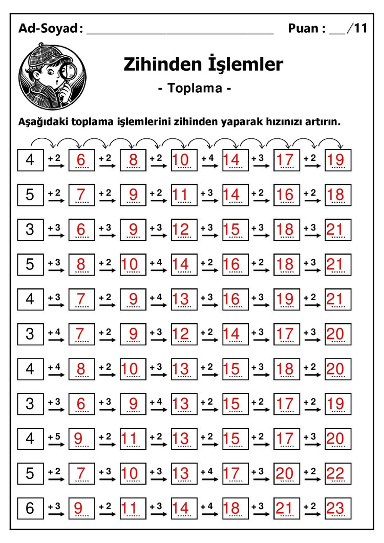 10 adet 1. ve 2. Sınıf Zihinden Toplama İşlemleri - Hemen İndirilebilir