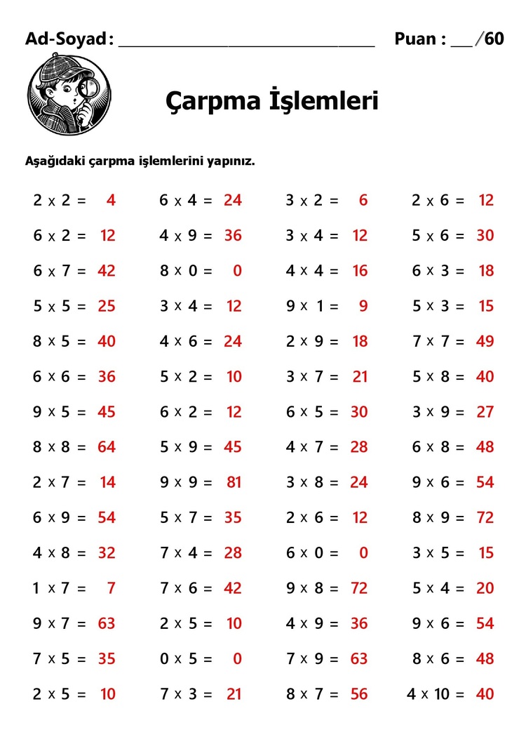 10 adet 2. ve 3.Sınıf Çarpma İşlemleri-Hemen İndirilebilir