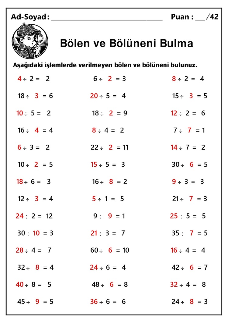 10 adet 2. ve 3.Sınıf Böleni ve Bölüneni Bulma İşlemleri-Hemen İndirilebilir