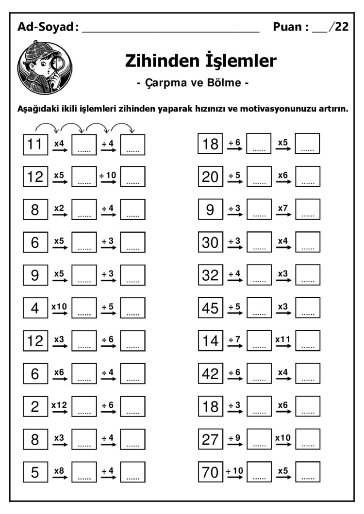 10 adet 3. ve 4. Sınıf Zihinden Çarpma ve Bölme İşlemleri - Hemen İndirilebilir
